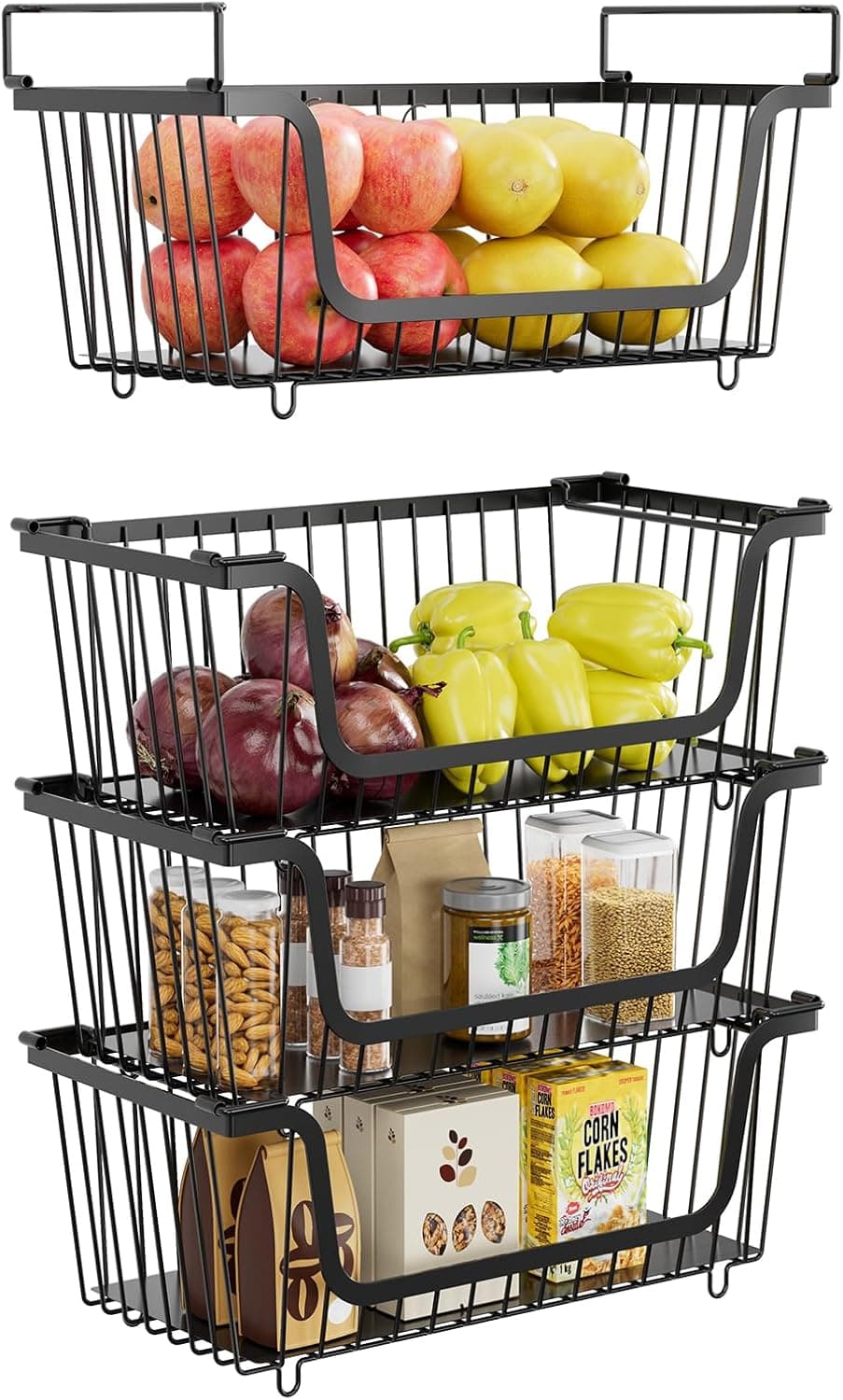 4 Pcs Stackable Wire Baskets for Pantry Organizers and Storage, Black