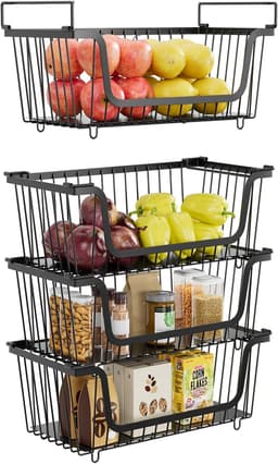 4 Pcs Stackable Wire Baskets for Pantry Organizers and Storage, Black