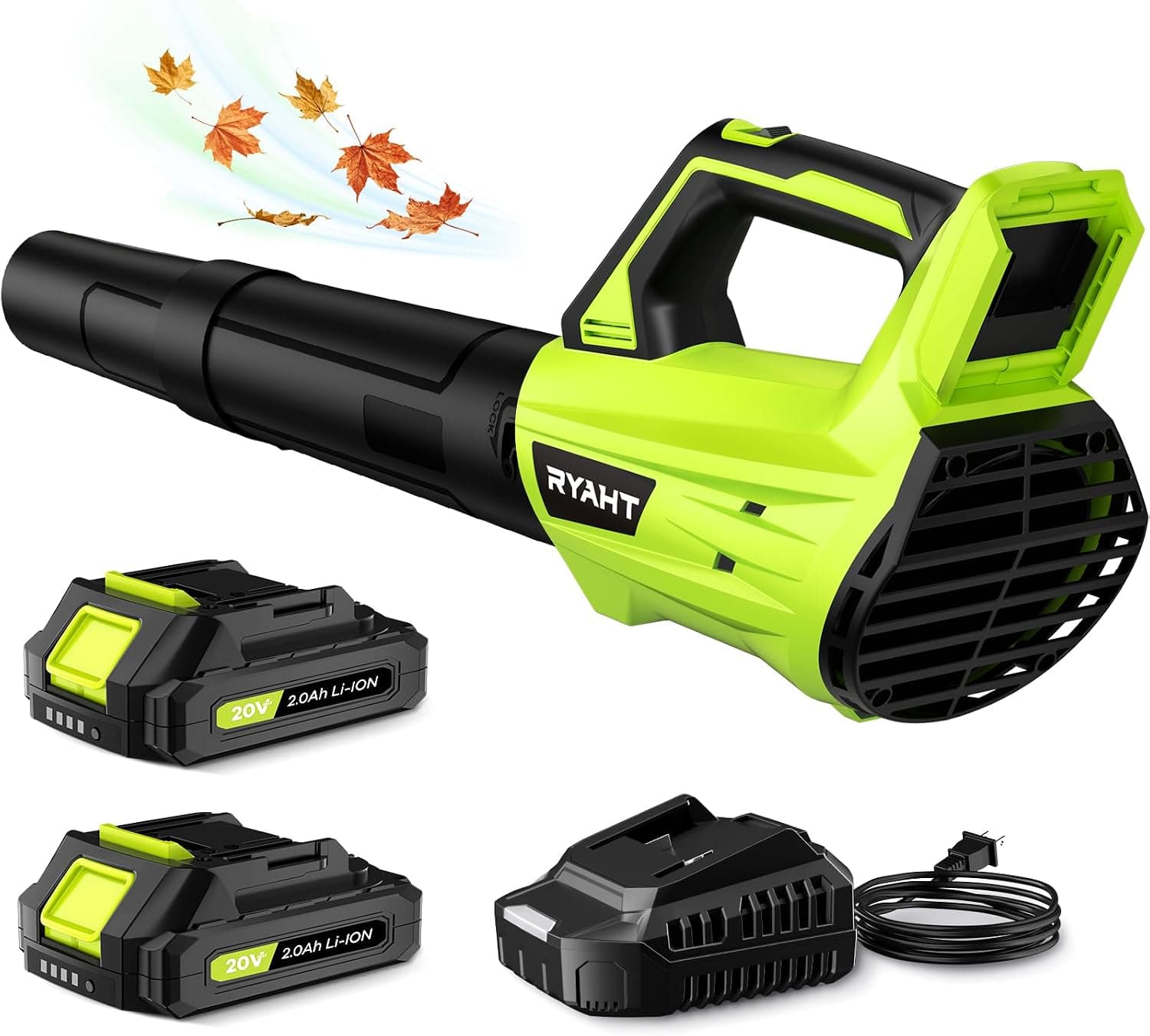 Leaf Blower Cordless, Leaf Blower with Battery and Charger - 2 Speed Modes, 2 Batteries, 20V Powerful Lightweight Electric Blowers for Blowing Leaves, Dust, Lawn Care, Patio Cleaning, Green