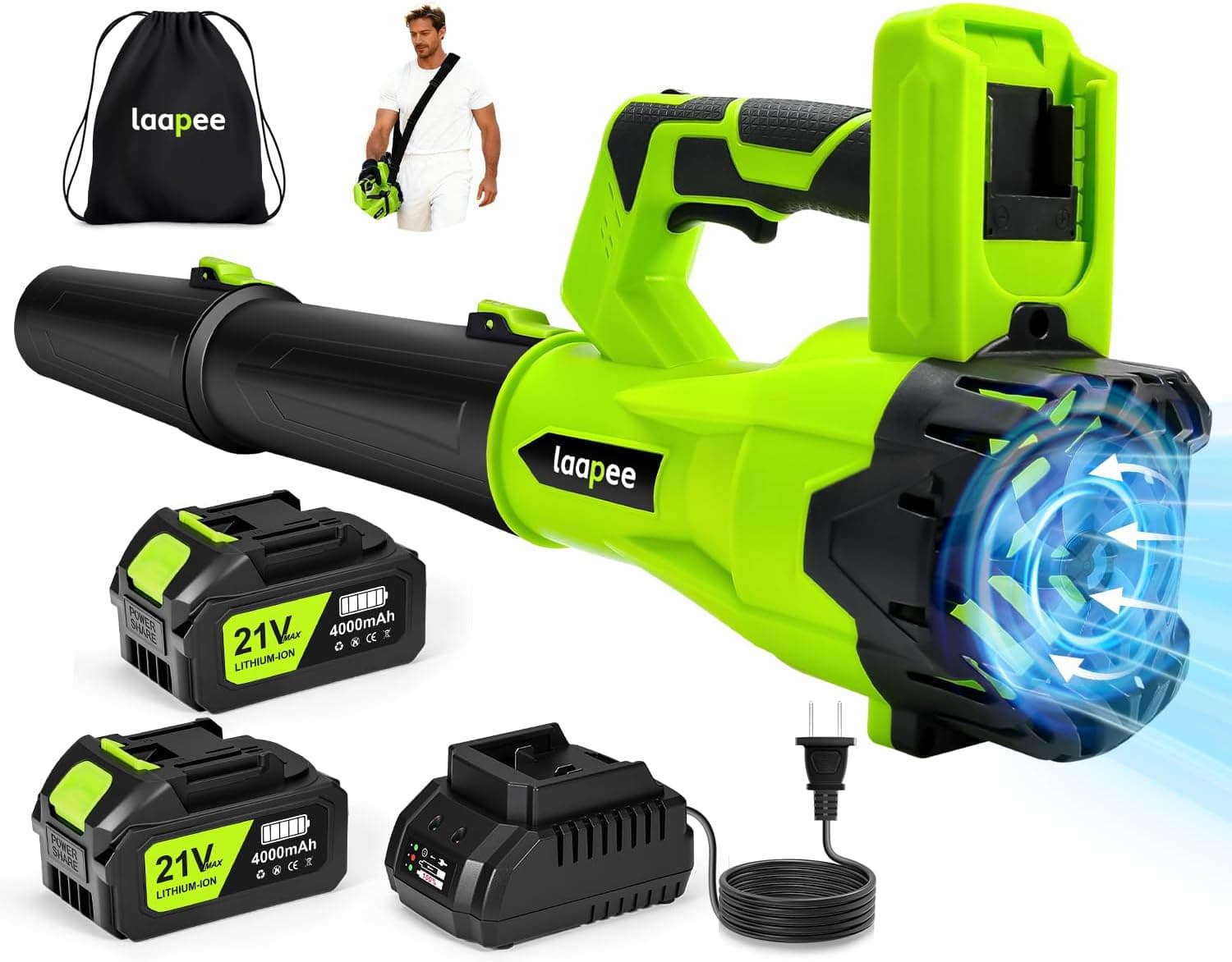Leaf Blower Cordless 650CFM with 2x4.0Ah Battery & Fast Charger, Lime Green