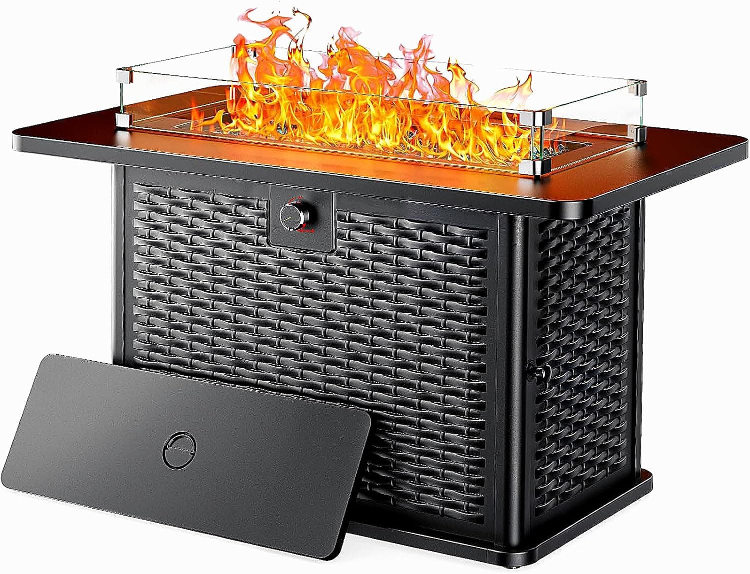 Ciays 43-Inch Rectangular Propane Fire Pit with 60,000 BTU Output, Fire Pit Table Premium Gas for Outside Patio with 304 Stainless Steel H-Burner, Glass Stones, and Wind Guard,Black