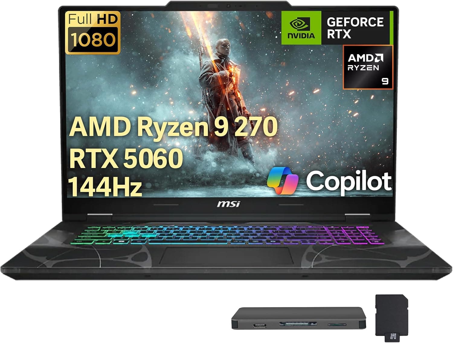 msi Cyborg A15 AI 15.6" FHD 144Hz Gaming Laptop, AMD Ryzen 9 270, GeForce RTX 5060, 32GB RAM, 3TB Storage(2TB SSD+1TB Docking Station Set), 4-Zone RGB Keyboard, Wi-Fi 6E, Win 11 Pro, Black