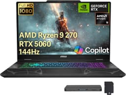 msi Cyborg A15 AI 15.6" FHD 144Hz Gaming Laptop, AMD Ryzen 9 270, GeForce RTX 5060, 32GB RAM, 3TB Storage(2TB SSD+1TB Docking Station Set), 4-Zone RGB Keyboard, Wi-Fi 6E, Win 11 Pro, Black