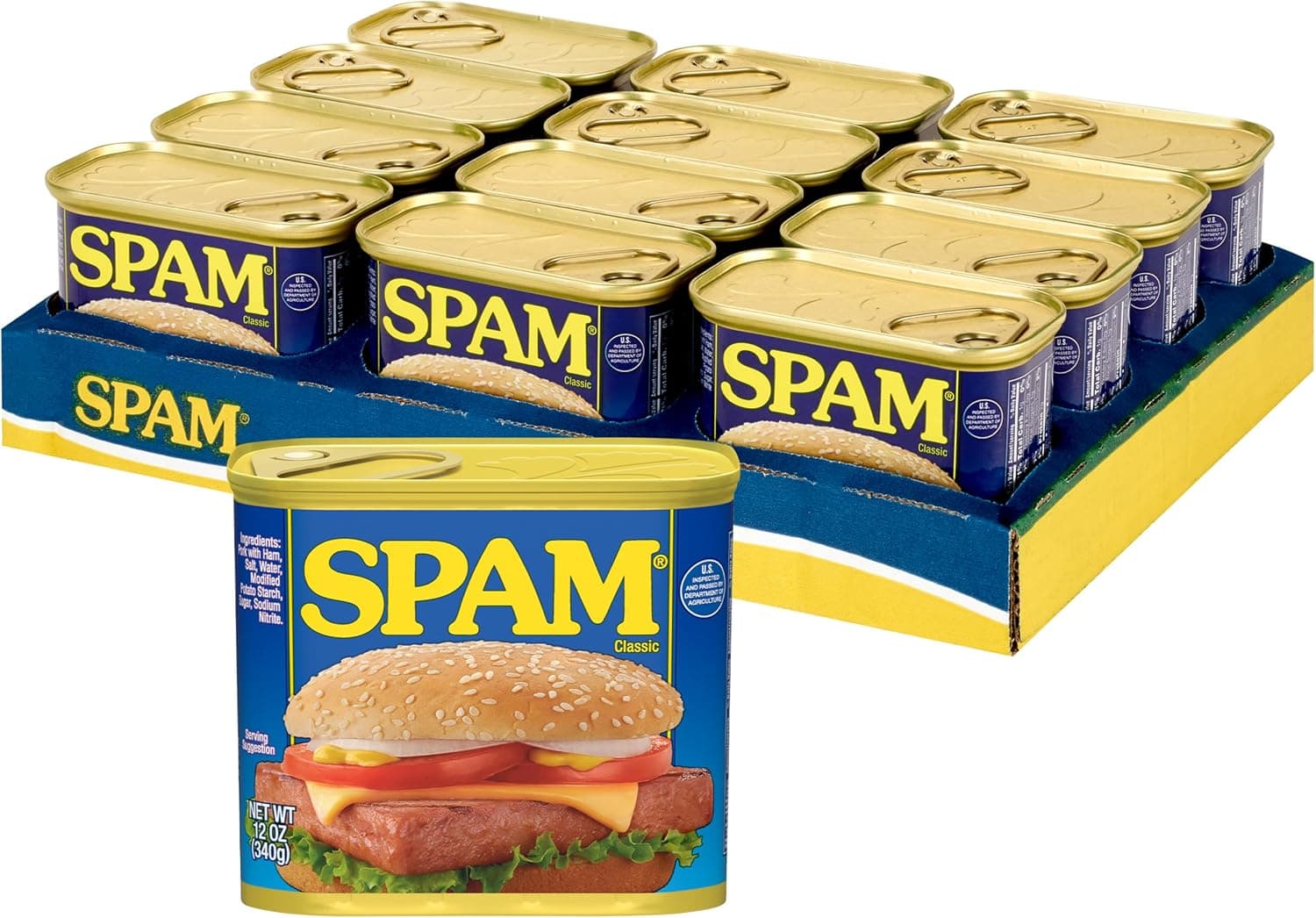 SPAM Classic Canned Meat, Protein Food, Shelf Stable Food, 12oz x12