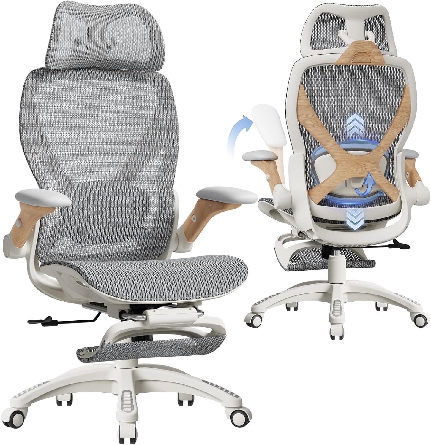 ELABEST X100 Ergonomic Mesh Office Chair with Footrest, Big and Tall Home Desk Chair with 5D Flip-Up Arms, Adjustable 3D Lumbar Support, Gaming & Executive Computer Chair (Foggy Morning)
